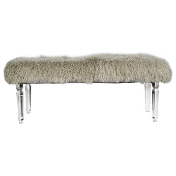 A&B Home Gray Real Mongolian Fur Bench With Acrylic Legs 49x18x19"