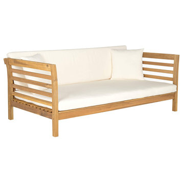 Outdoor Daybed/Sofa, Slatted Acacia Wood Frame With Cushions, Natural/Beige