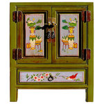 Golden Lotus - Chinese Oriental Distressed Mustard Green Flower End Table Nightstand cs2300 - This is a handmade Chinese accent decorative end table nightstand with distressed mustard green base color. The front and the top is handpainted with oriental floral, vases , birds graphic.