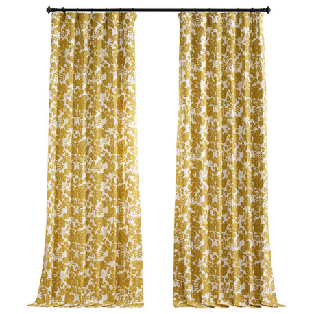 Fleur Gold Printed Cotton Twill Curtain Single Panel, 50"W x 108"L