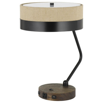 Metal Lined Fabric Shade Desk Lamp With Wooden Base, Beige And Black