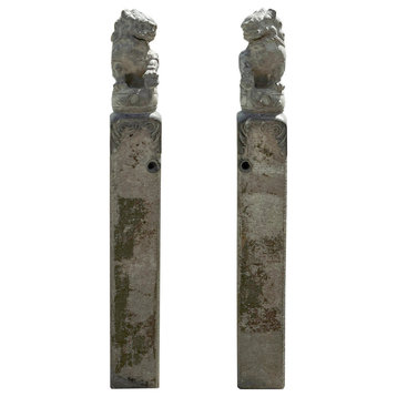 Chinese Pair Gray Stone Fengshui Foo Dogs Lion Slim Pole Statues cs7641