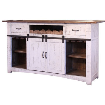Greenview 76" White Bar With Wine Rack 2 Drawers Barn Doors and Shelves