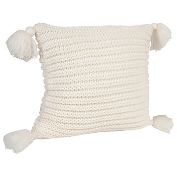 Tassey Large Knit Pillow Cover with Tassels, White 18x18