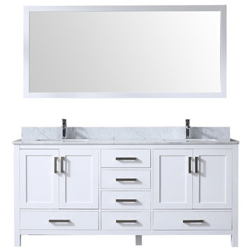 Jacques 72" White Double Vanity, White Carrara Marble Top, Sinks,70" Mirror