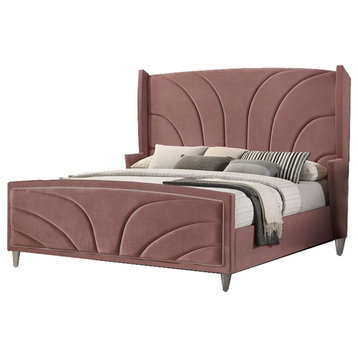 Benzara BM284025 Wood King Size Bed, Wingback Frame, Pink Velvet, Chrome Legs