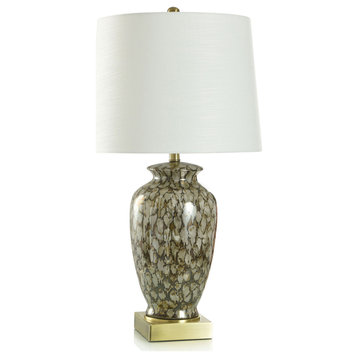 Reactive Glaze Table Lamp Speckled Brown and Brushed Gold Body Off-White