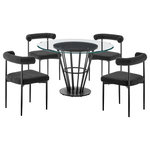 Armen Living - Veronica Shannon Round Glass Dining Table 5-Piece Set, Black Iron, Black Fabric - Bring sleek sophistication and comfort to your dining space with the Veronica Shannon 5 Piece Dining Set by Armen Living. This set includes 1 Veronica Round Glass Dining Table and 4 Shannon Upholstered Dining Chairs. With a chic and refined aesthetic, this dining set is ready to make a statement. The dining table includes a 48" glass tabletop that rests on a round walnut veneer panel for a beautiful contrast of materials. The conical base attains a sleek and airy presence with its metallic detailing. The Veronica dining table serves as a stunning centerpiece for your kitchen, dining, or living space, and its round shape creates a natural hub for inclusive conversations and activities. Our Shannon dining chairs serve as a perfect compliment to create this contemporary and modern dining set. The Shannon chair includes a cylindrical cushion and curved backrest to offer perfect back support and a generously padded seat to provide a comfortable seating experience. These chairs are covered in performance fabric to offer easy care and maintenance. This dining set can grace your kitchen, dining room, or living space to make a stunning centerpiece, while it adds a dose of sophistication and comfort from your casual to formal meals. The dining set features quality materials and craftsmanship to serve you for years to come. The Veronica Shannon 5 Piece Round Glass Dining Table Set is available in matching finishes and a variety of colors, or sold separately to achieve any look you desire.
