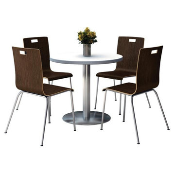 KFI Round 42" Pedestal Table - 4 Espresso Stacking Chairs - Linen Top