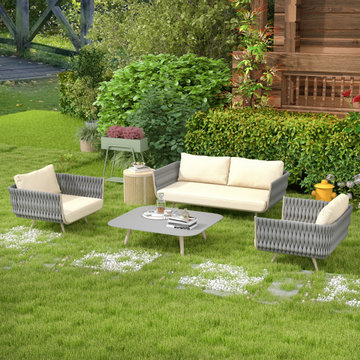 4 Pieces Outdoor Sectional Sofa Set with Webbing Seats and Cushions in Beige & G