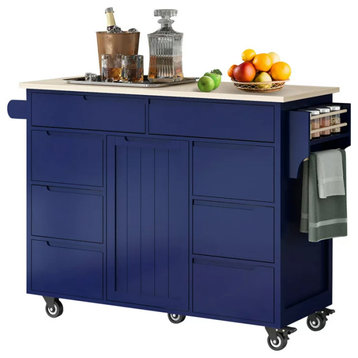 Large Kitchen Cart, Multiple Drawers & Cabinets With Natural Wood Top, Dark Blue