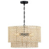 20" 4-Light Rattan Tiered Drum Chandelier Light With Black Canopy