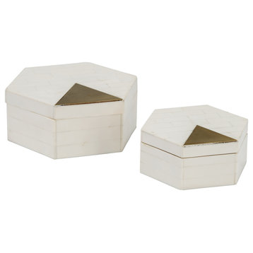 Resin, Set of 2 5/7" Hxgon Boxes With Brass Inlay, Wht/Gld