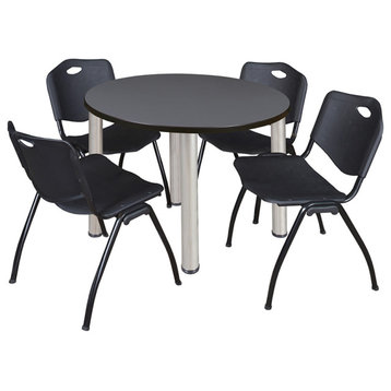 Kee 42" Round Breakroom Table- Grey/ Chrome & 4 'M' Stack Chairs- Black