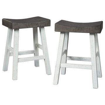 25 Inch Wooden Saddle Stool With Angular Legs, Set Of 2, Brown And White