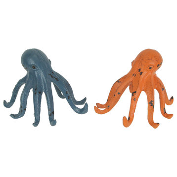 Set of 2 Weathered Cast Iron Octopus Tabletop Statues Blue and Coral