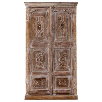 Consigned Rustic Antique Indian Cabinet, Shekhawati Tall Floral Carved Cabinet