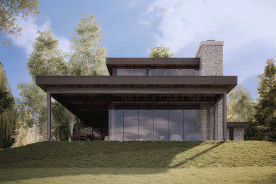 Mid-sized minimalist two-story stone exterior home photo in Montreal