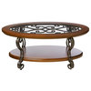 Classic Coffee Table, Leaf Accented Scrolled Legs & Oval Glass Top, Dark Brown