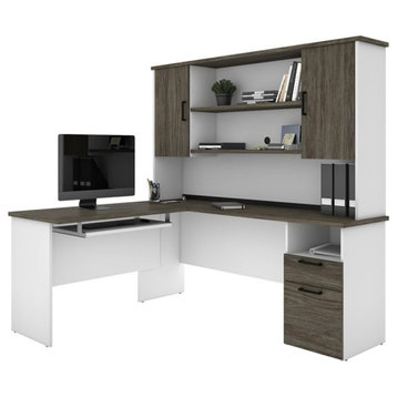 Pemberly Row L Shaped Computer Desk with Hutch in Walnut Gray and White