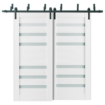 Frosted Glass Barn Bypass Doors 64 x 84, Quadro 4266 White, 6.6' Rail