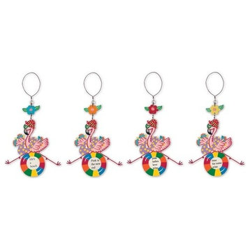 Beachy Tropical Pink Flamingos Wine Bottle Charms and Magnet Set
