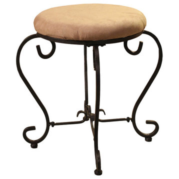 Microsuede Small Iron Stool With Microsuede Cushion, Antique Black/Java