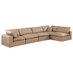 Meridian Furniture - Comfy Upholstered L-Shaped Modular Sectional, Tan, 5-Piece: 3 Armless Chair, 2 Corner Chair, Vegan Leather - Give your space a whole new look with this tan Comfy vegan leather sectional. This handsome sectional fits nicely with other items in the Comfy collection and is a versatile seating option designed for adaptability, comfort and style. Wrapped in rich tan durable vegan leathered upholstery, this sectional offers a plush embrace of overstuffed down feather cushions, carefully crafted to deliver the highest level of comfort. The perfect seat for creating an oasis for relaxation, this sectional has thick foam surrounding its frame for added support and coziness.