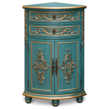 Aquamarine Blue and Gold French Style Oriental Round Corner Cabinet