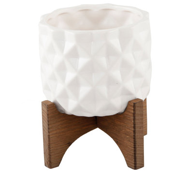 5" Ceramic Dimple Pattern On Wood Stand, White