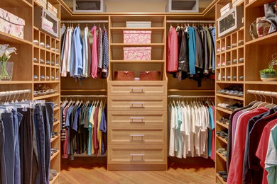 Design ideas for a large traditional women's walk-in wardrobe in New York with flat-panel cabinets, medium wood cabinets, medium hardwood floors and brown floor.
