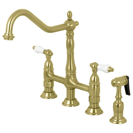 KS1277PLBS Heritage Bridge Kitchen Faucet With Brass Sprayer, Brushed Brass