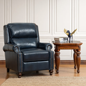 Genuine Leather Cigar Recliner With Nail Head Trim, Navy