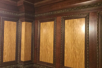 Example of a mid-sized ornate formal and enclosed beige floor and light wood floor living room design in New York with brown walls