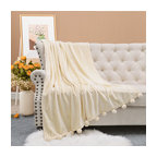 Pom Pom Flannel Fleece Throw Blanket, Antique White, 50" X 60"