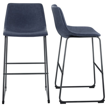 30" Industrial Faux Leather Barstools, Set of 2,  Navy Blue