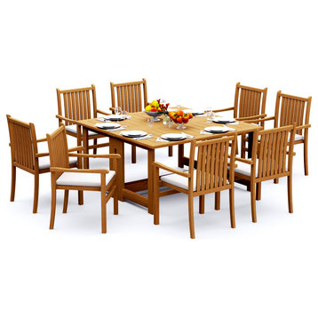 9-Piece Outdoor Teak Set: 60" Square Butterfly Table, 8 Cahyo Stacking Arm Chair