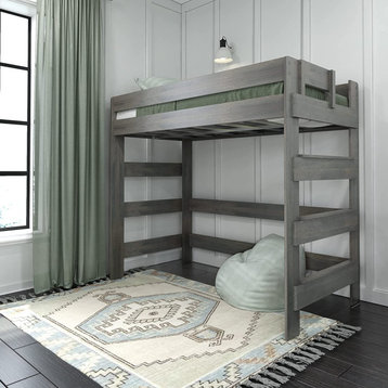Farmhouse Twin High Loft Bed, Pinewood Frame With Slatted Ladders, Driftwood