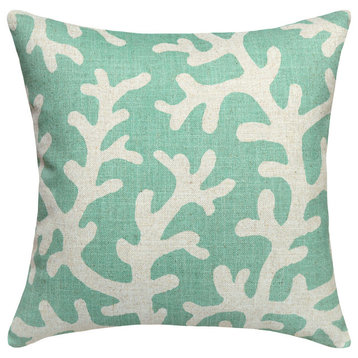 Coral Printed Linen Pillow With Feather-Down Insert, Aqua