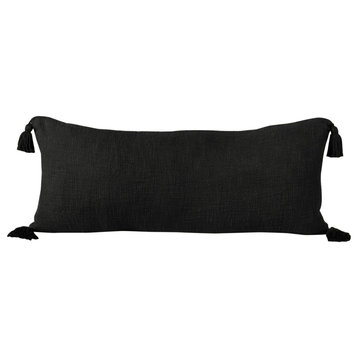 Unique Neutral Solid Cotton Throw Pillow with Tassels, Jet Black, 14" X 36"