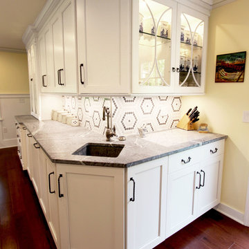 White Cabinets, Grey Countertops and Edgy Tile Backsplash