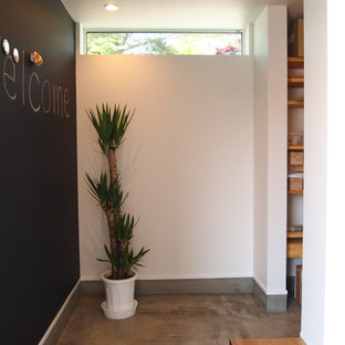 Ejemplo de hall papel pintado, papel pintado y blanco, escandinavo, pequeño, papel pintado, con paredes negras, suelo de cemento, puerta simple, puerta blanca, suelo gris, papel pintado y papel pintado