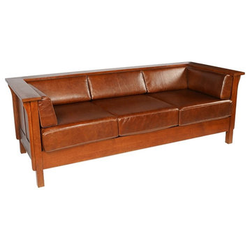 Arts and Crafts / Craftsman Cubic Panel Side Sofa - Chestnut Brown Leather