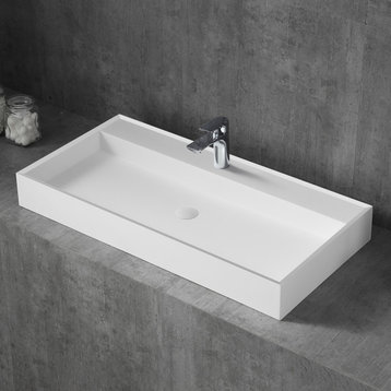 48" x 19" Solid Surface Wash Basin Rectangular Bathroom Vessel Sink, White