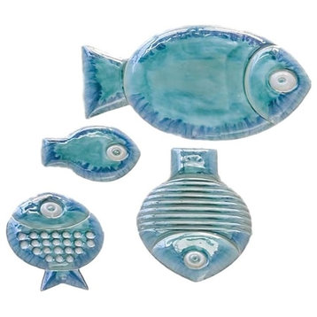 Mid Century Modern Aqua Blue Fish Plate Set 4, Serving Dish Textured Table