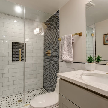 Bathroom remodeling with white tiles, standing shower & cabinets, Virginia