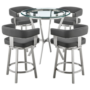 5-Piece Counter Height Dining Set In Brushed Stainless Steel & Gray Faux Leather