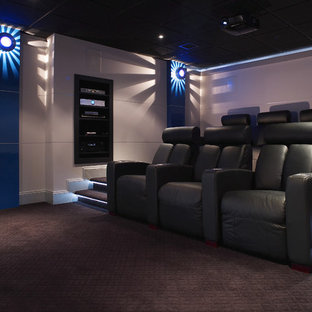 Photo of a contemporary home cinema in Philadelphia with purple floors.