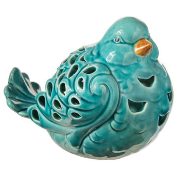 Ceramic Sitting Bird Figurine with Cutout Design Gloss Baby Blue Finish