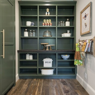 Idée de décoration pour une grande arrière-cuisine linéaire champêtre avec un placard sans porte, des portes de placards vertess, un sol en bois foncé, un sol marron, un plan de travail en bois, un électroménager encastrable et aucun îlot.